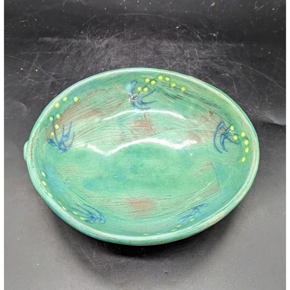 Vintage Earthworks Caribbean 8"‎ Terracotta Trinket Bowl Dish Green Handles